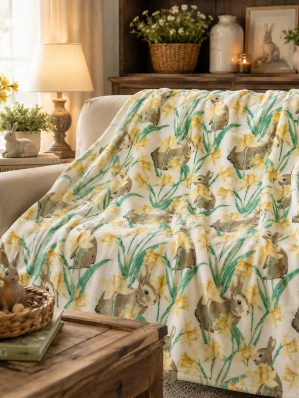 50x72 Bunny Daffodil Plush Fleece Throw Blanket Easter Spring Rabbit Soft